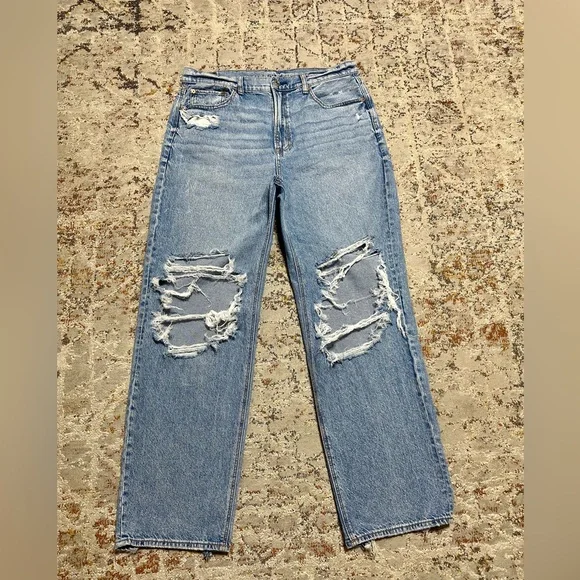 AMERICAN EAGLE highest rise ripped baggy straight jeans size 14 distressed - Picture 5 of 16